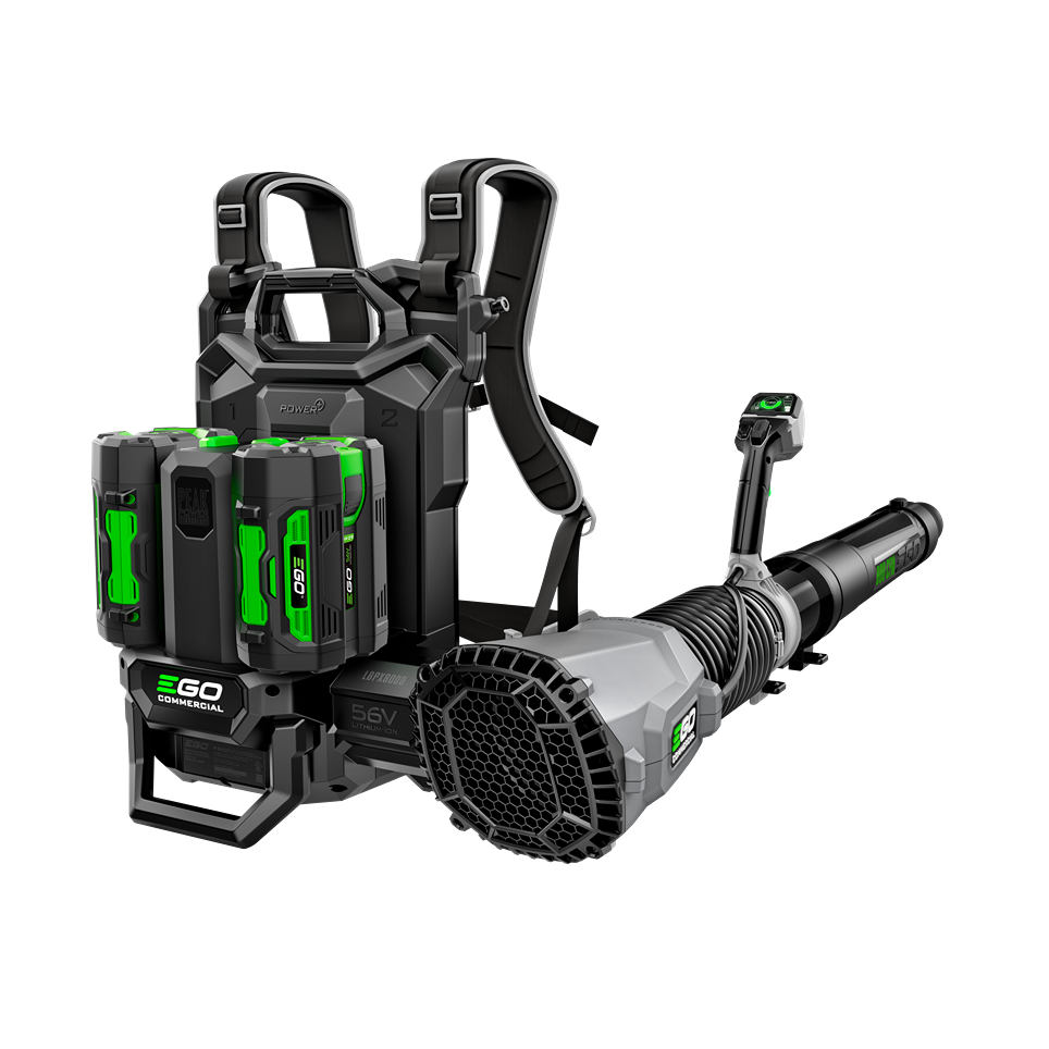 Commercial backpack blower with dual green battery packs and ergonomic harness for tools and home improvement tasks