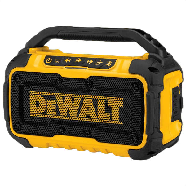Yellow and black Bluetooth jobsite speaker with handle and control buttons for tools and home improvement use