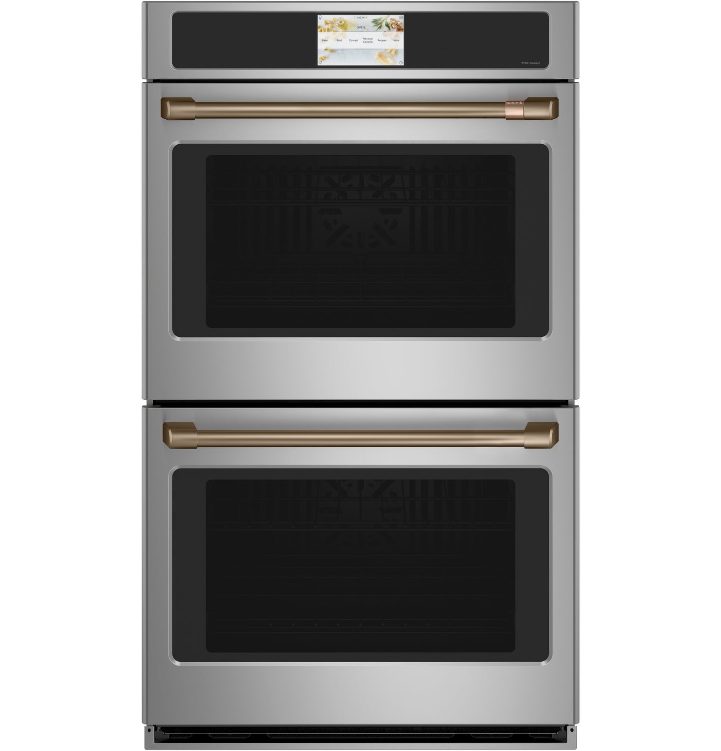 Stainless steel smart double wall oven with bronze handles and touchscreen control in modern kitchen appliances collection