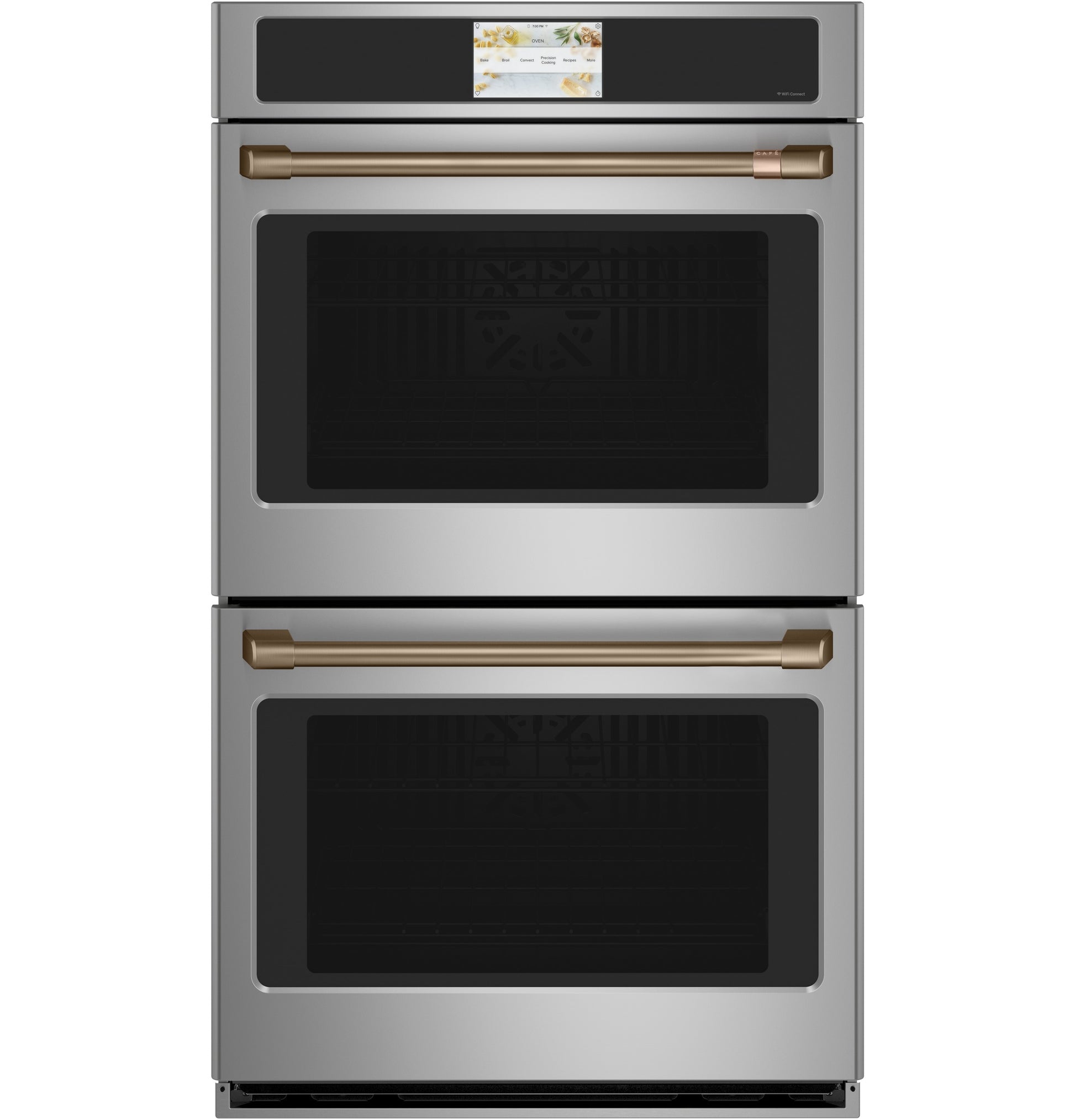 Stainless steel smart double wall oven with bronze handles and touchscreen control in modern kitchen appliances collection
