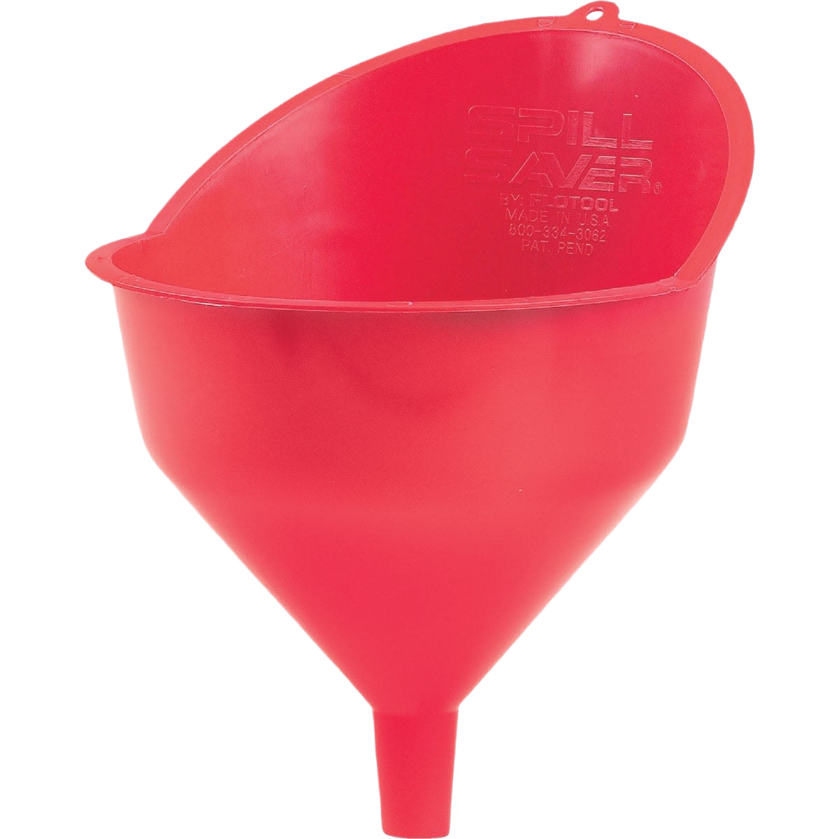 Large red plastic funnel with splash guard for fuel pouring in automotive and motor oil accessories collections