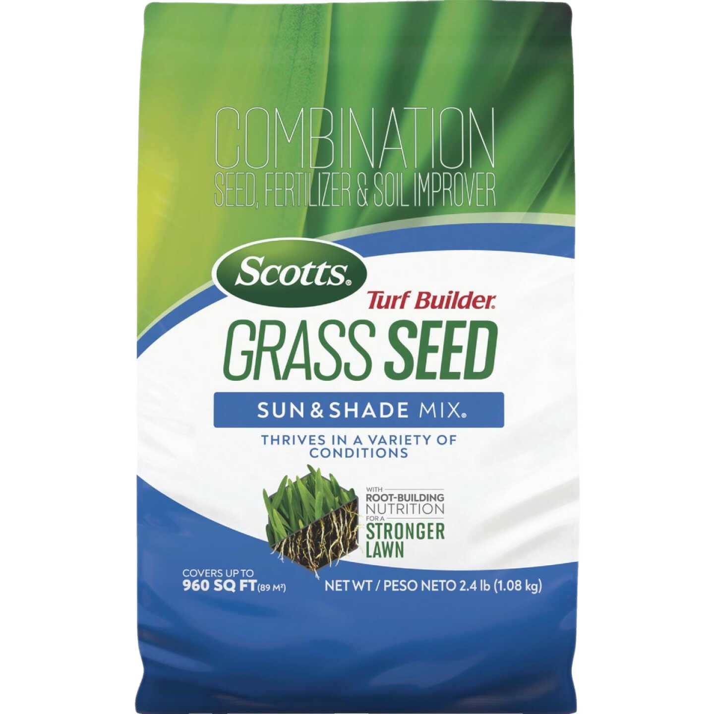 Bag of Scotts Turf Builder grass seed mix for sun and shade lawns in lawn care and grass seed collections