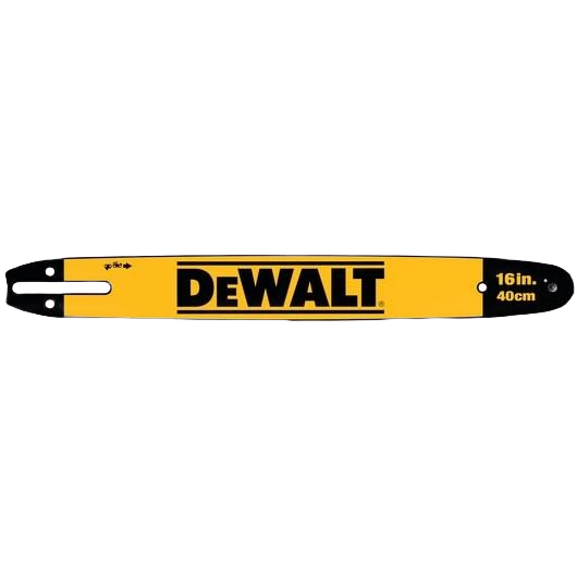 Yellow 16-inch chainsaw guide bar with black DEWALT branding, for power tool and saw accessory use