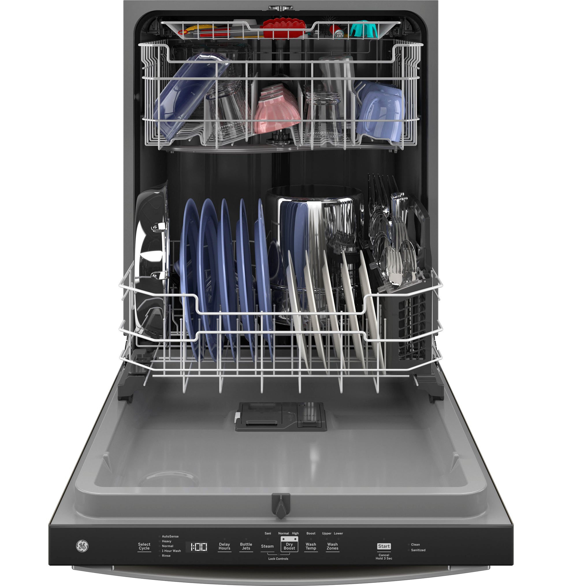 Open dishwasher with plastic interior, top controls, loaded with plates, bowls, glasses, and utensils for kitchen appliances collections
