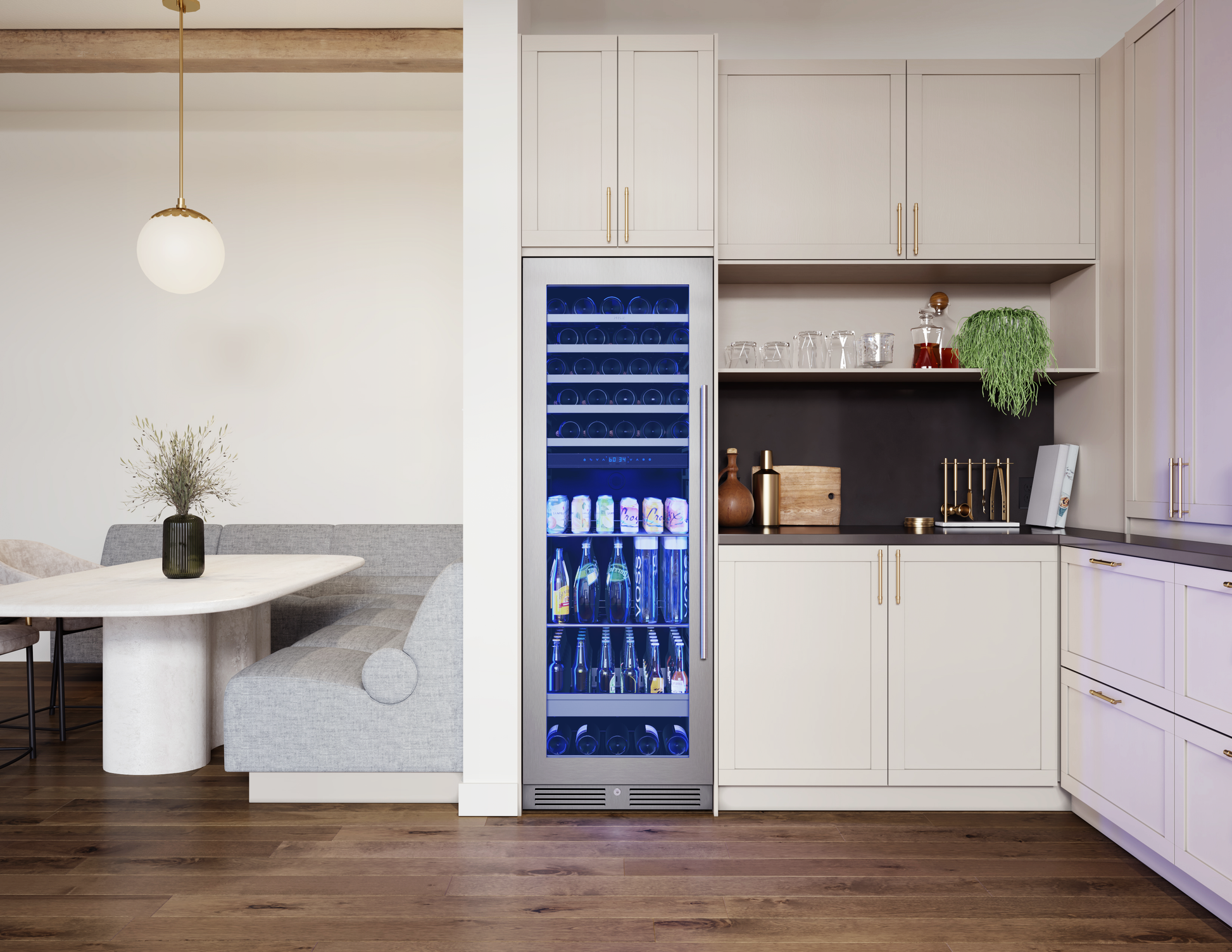Tall stainless steel dual zone wine and beverage cooler with glass door and blue LED lighting in kitchen appliances collection