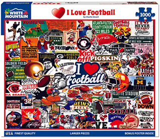 Colorful 1000-piece football-themed jigsaw puzzle with iconic slogans and vintage stadium designs in Toys & Games and Puzzles collections
