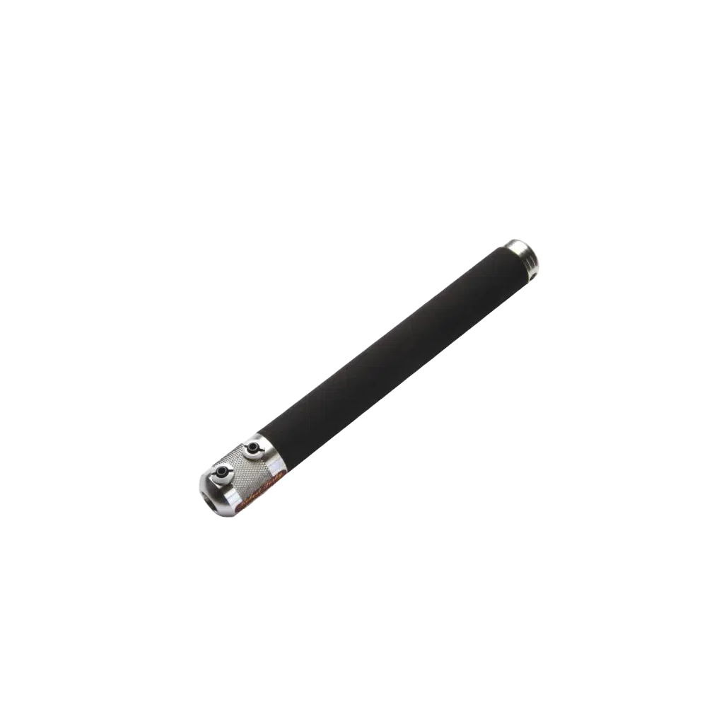 Black cylindrical turning tool handle with metal base and adjustment screws for woodworking projects