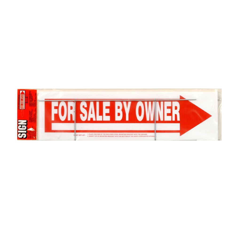 Red and white plastic arrow sign reading For Sale By Owner with metal stake for yard display in hardware and home improvement collections