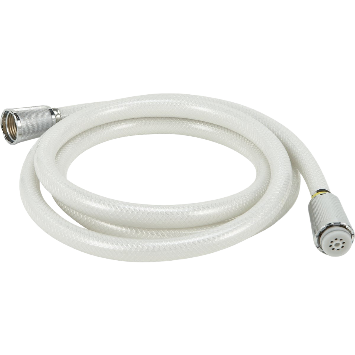 Flexible white shower hose with metal connectors for bathroom fixture installation and replacement in home improvement projects