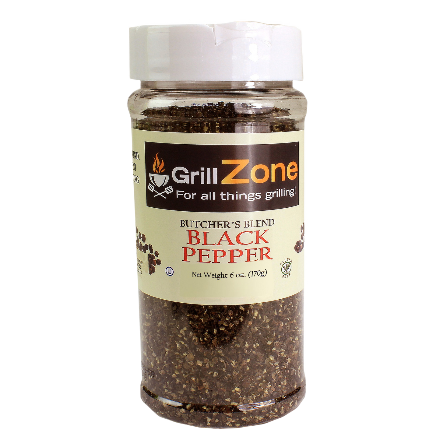 Clear plastic spice container filled with coarse black pepper labeled Grill Zone Butcher's Blend in Grilling Sauces & Spices collection