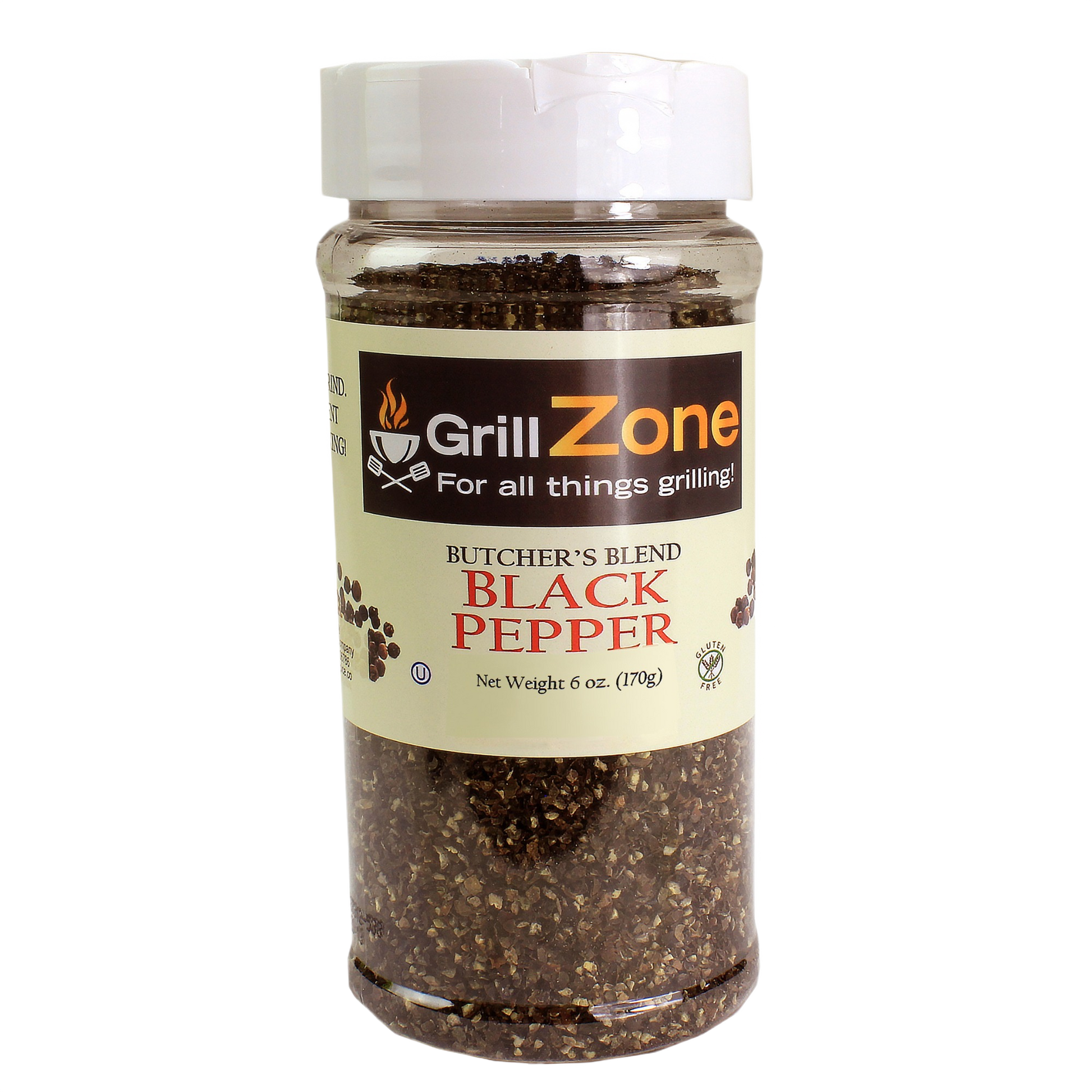 Clear plastic spice container filled with coarse black pepper labeled Grill Zone Butcher's Blend in Grilling Sauces & Spices collection