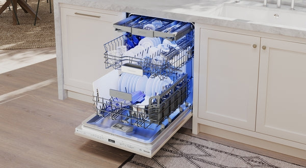 Open 24-inch custom panel ready dishwasher loaded with clean white dishes in a modern kitchen setting