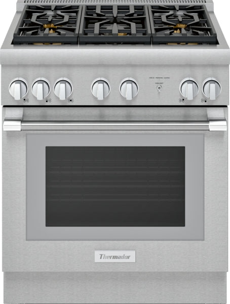 Stainless steel dual fuel range with six control knobs, cast iron grates, and large oven window at Hartville Hardware