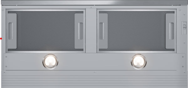 Stainless steel pull-out range hood extended with built-in lights and mesh filters in modern kitchen setting