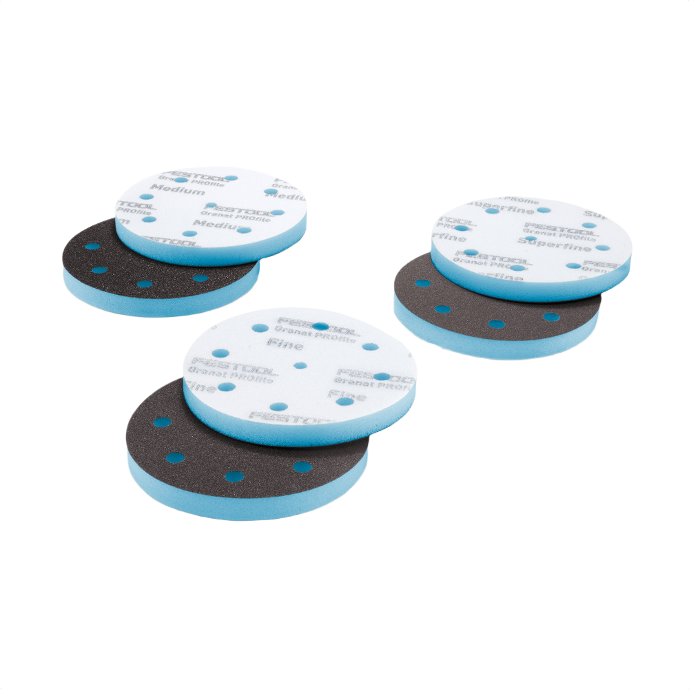 Three pairs of white and blue circular foam-backed abrasives with perforations for power sanding in tool accessories collection