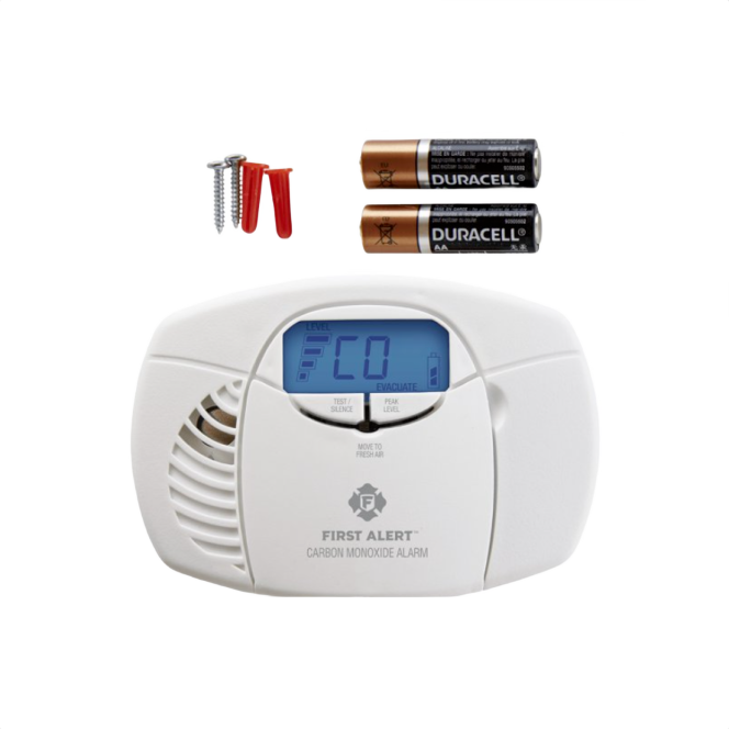 White digital carbon monoxide alarm with LCD display, batteries, and mounting hardware for electrical and fire safety use