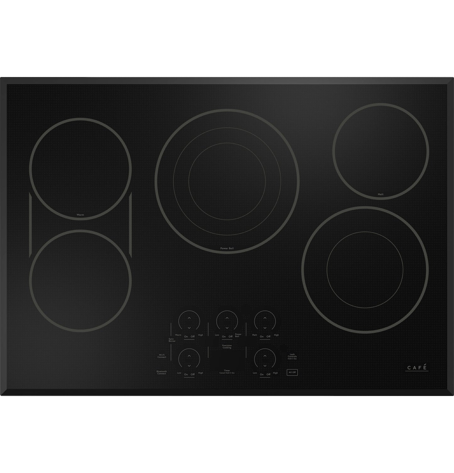Black touch-control electric cooktop with five burners and digital controls in electric cooktops collection