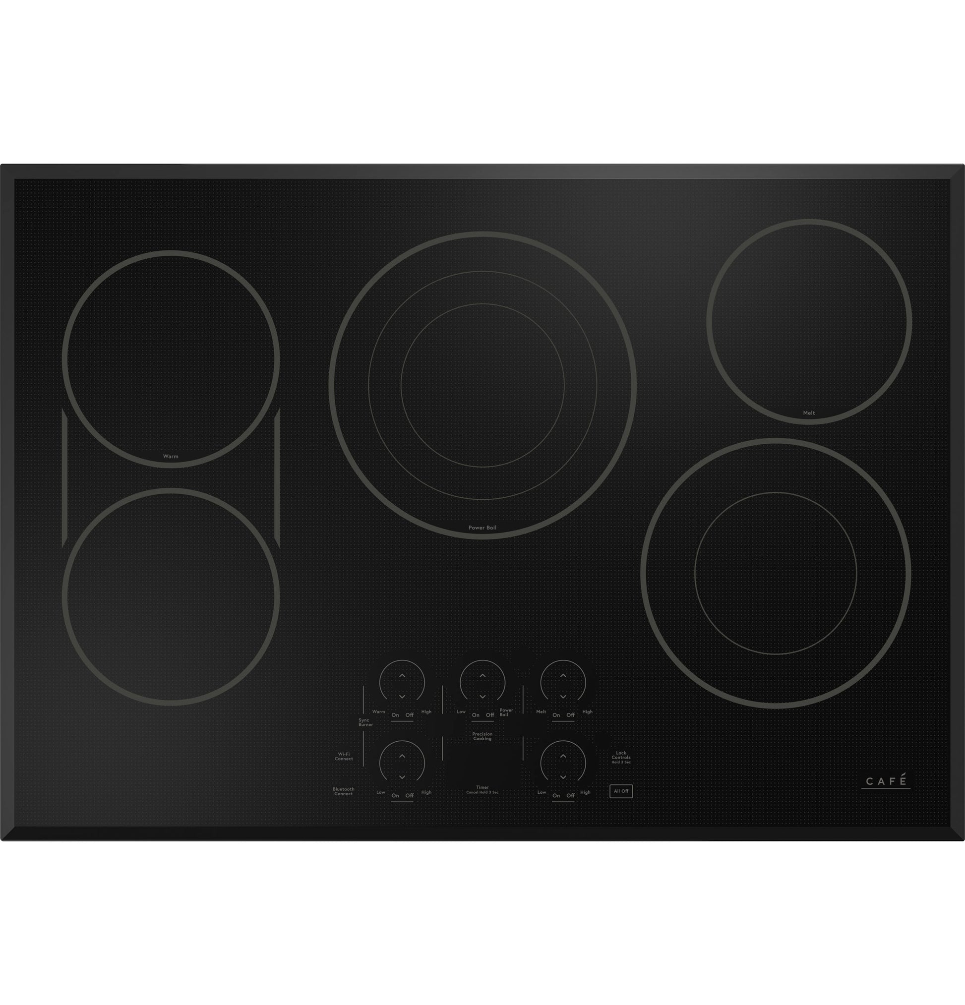 Black touch-control electric cooktop with five burners and digital controls in electric cooktops collection