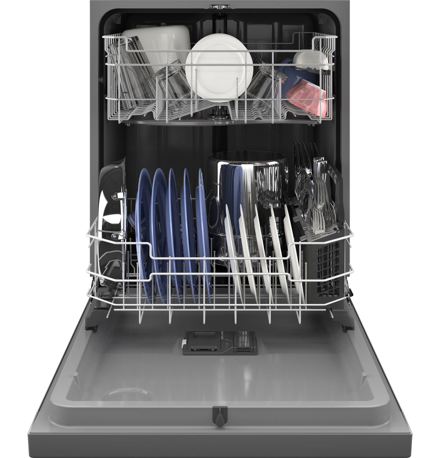Open dishwasher with plastic interior loaded with blue plates, glasses, cups, and cutlery from kitchen appliances collection