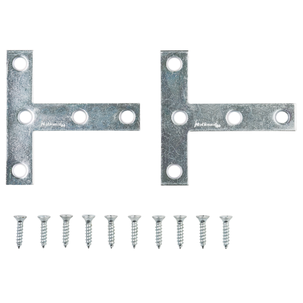 Two zinc T-plates with countersunk holes and matching screws for wood joint reinforcement in building hardware collections
