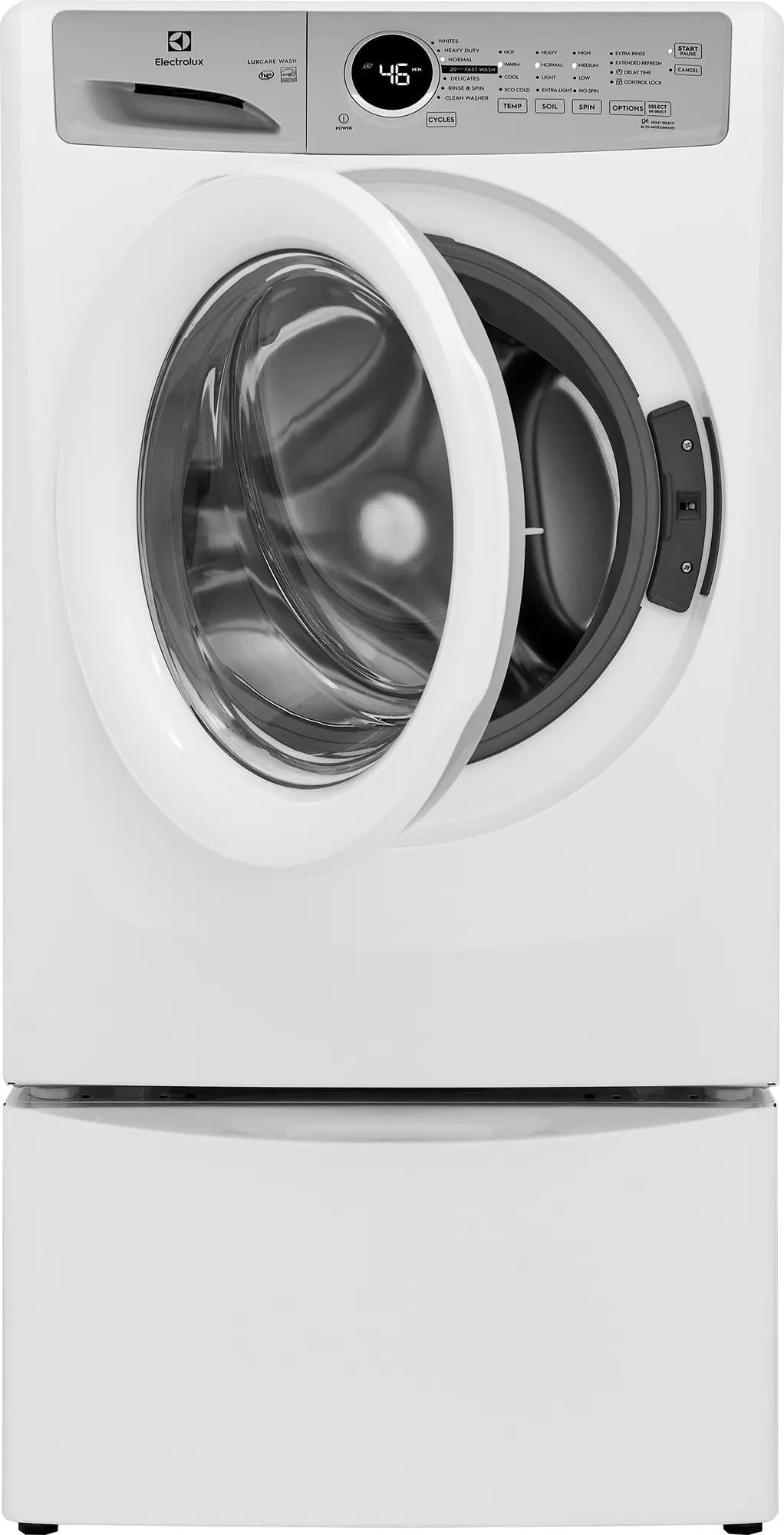 White front load washer with open door, digital display, and LuxCare® Wash from washers and appliances collection