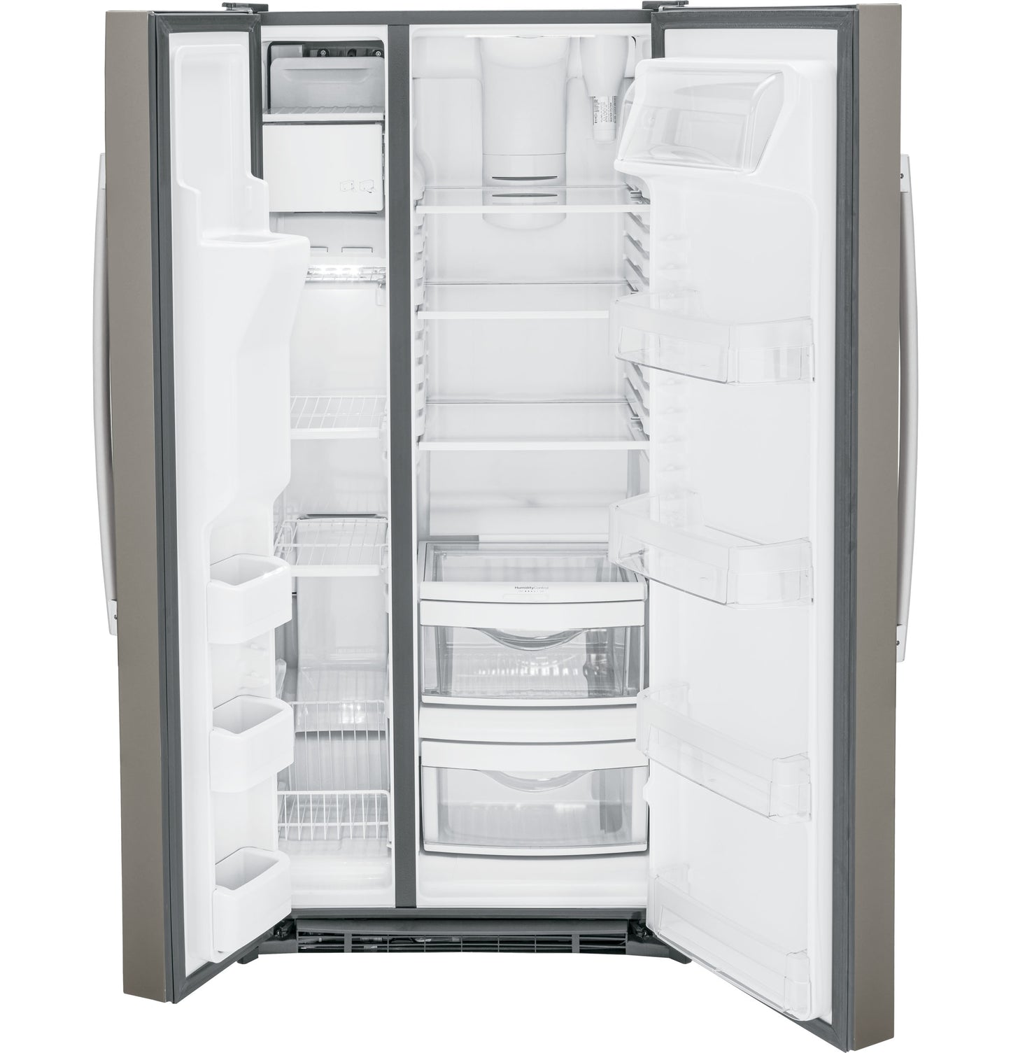 Open stainless steel side-by-side refrigerator with empty adjustable shelves and clear bins for kitchen and appliance collections