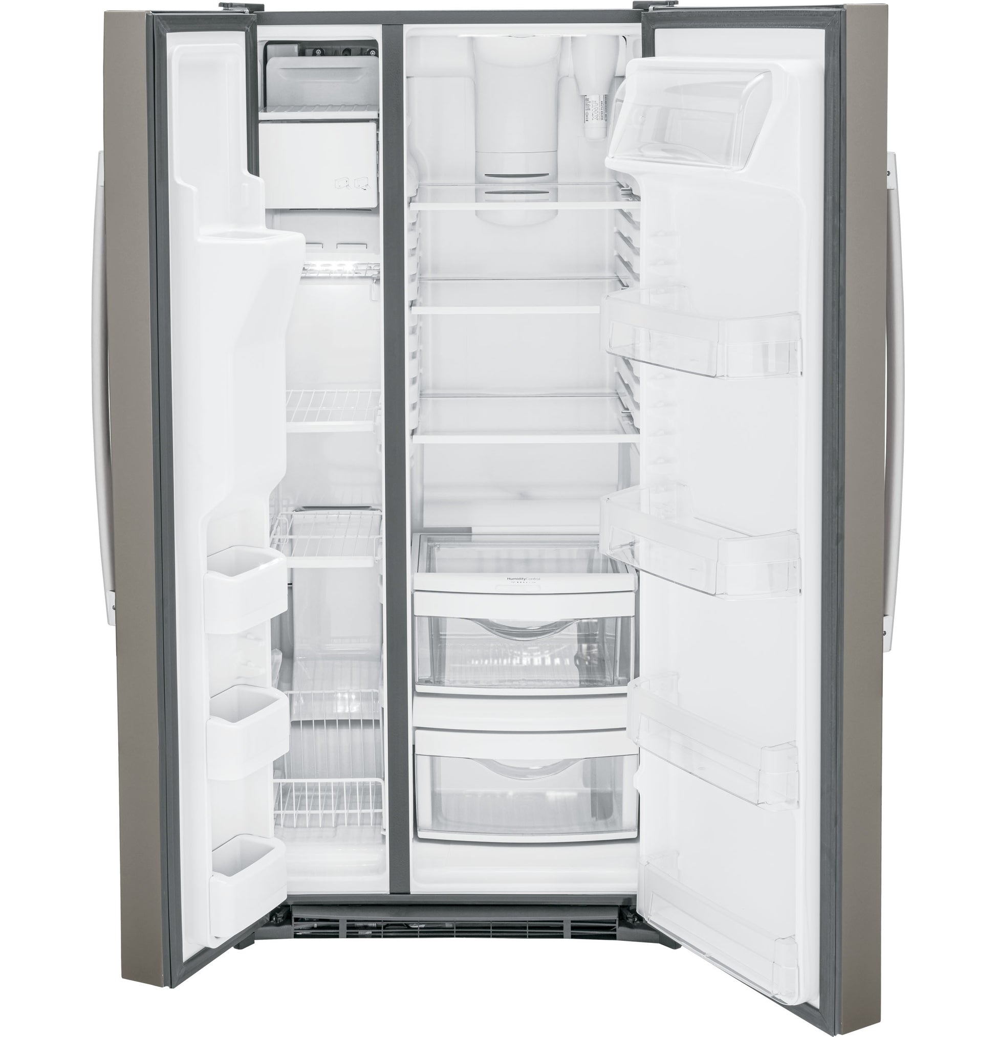 Open stainless steel side-by-side refrigerator with empty adjustable shelves and clear bins for kitchen and appliance collections
