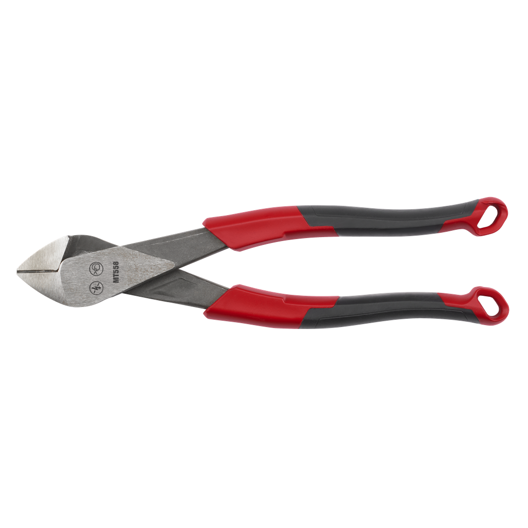 Diagonal cutting pliers with red and black comfort grip handles designed for home improvement and tool use