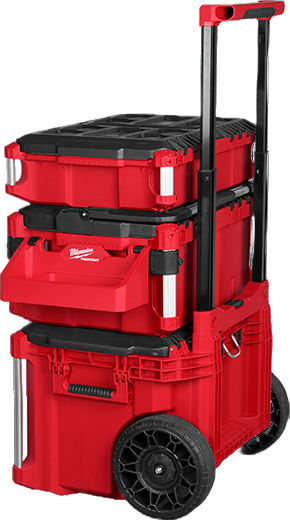 Stacked red and black heavy-duty portable tool storage with telescoping handle and large wheels for easy transport in home projects