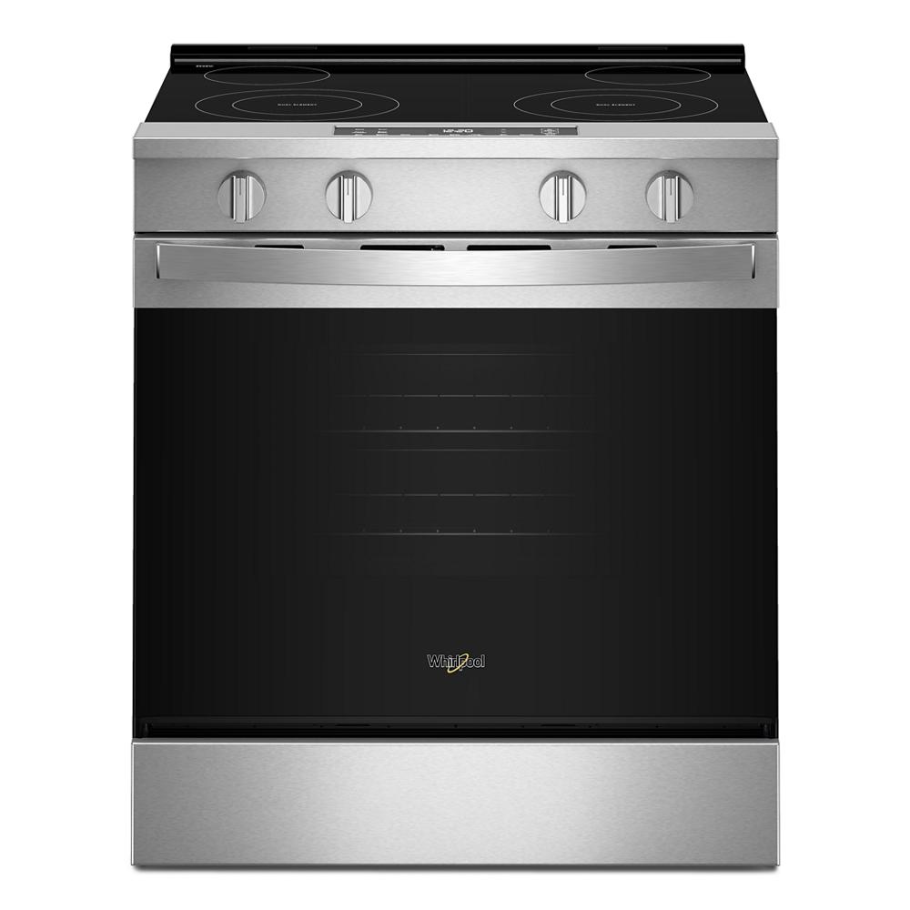 stainless steel 30-inch electric range with smooth glass cooktop, front control knobs, and large oven door for kitchen appliances