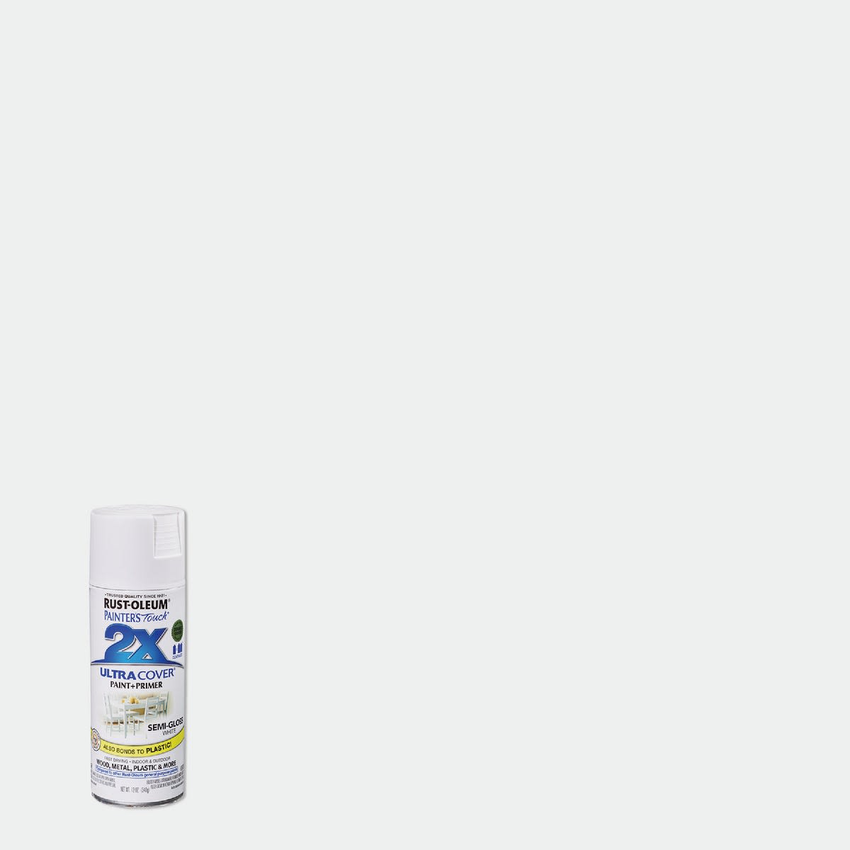Rust-Oleum white semi-gloss spray paint and primer can for home improvement and craft projects