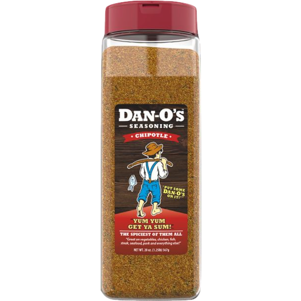 Clear plastic bottle of Dan-O's chipotle seasoning with red cap for grilling sauces and spices under $50 collections