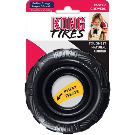 Black durable rubber chew toy shaped like a tire with treat insert label for dogs in Pet & Animal supplies.