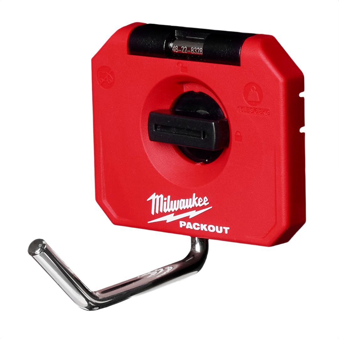 Red Milwaukee PACKOUT tool hook with metal reinforcement for garage and workshop storage organization under $50 collection
