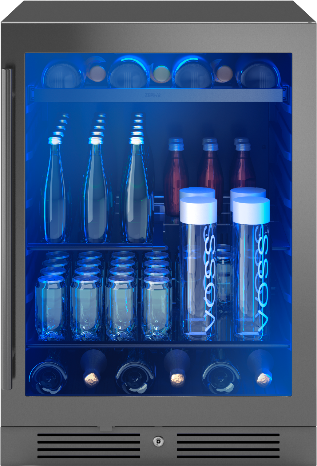 24" black stainless steel beverage center with glass door, blue interior light, stocked with assorted drinks in Kitchen & Kitchenware