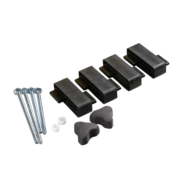 Set of hardware components including black plastic risers, metal screws, and small plastic spacers for power tool accessories and saw use