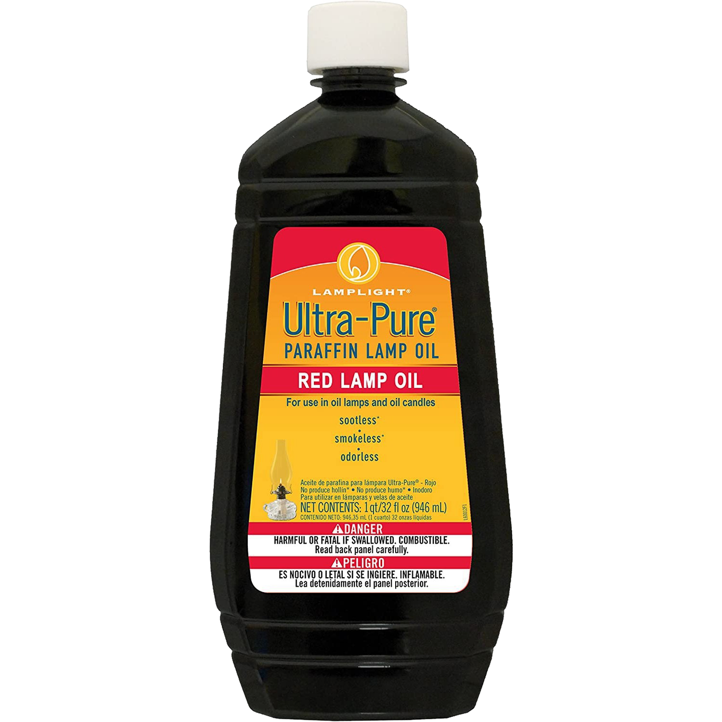 32 oz bottle of red paraffin lamp oil for clean, odorless, smokeless burn in home lighting and decor.