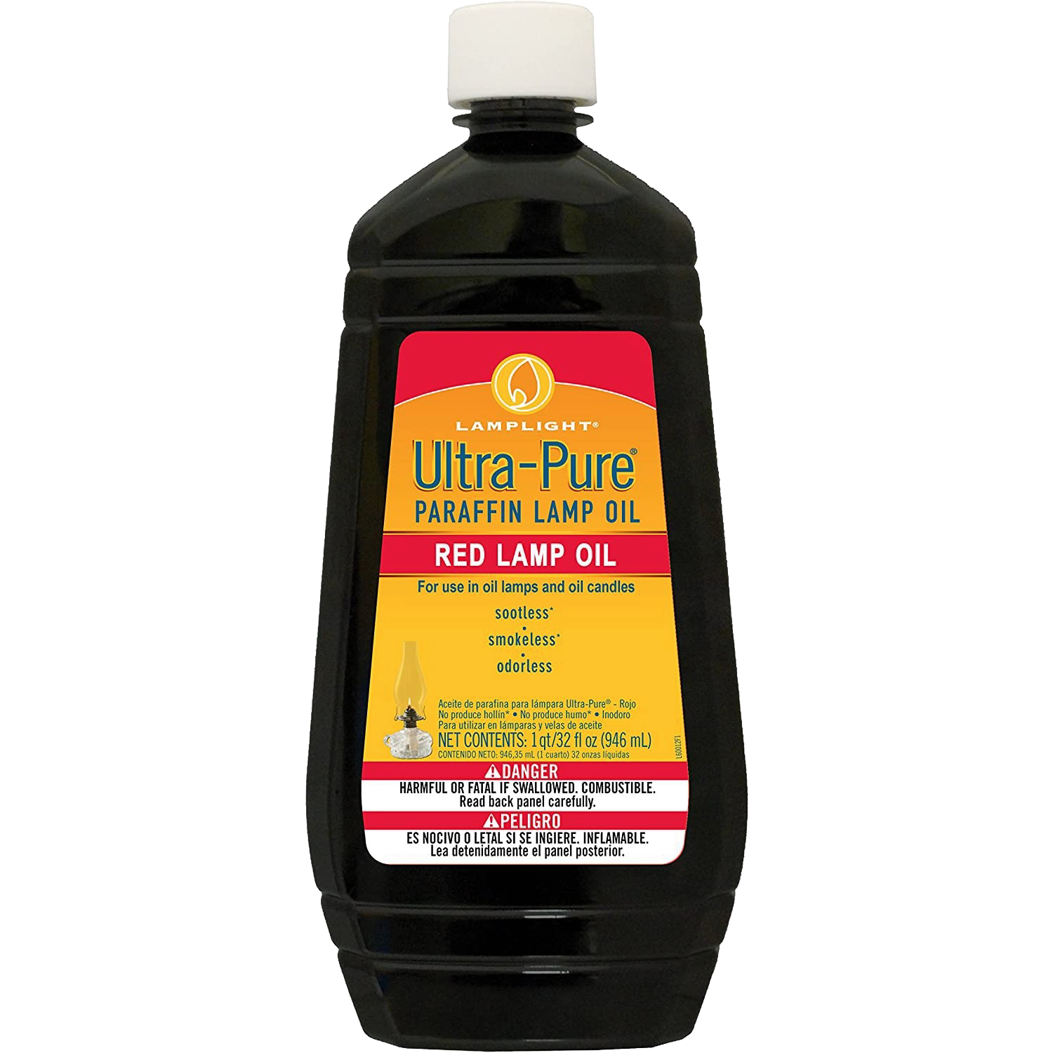 32 oz bottle of red paraffin lamp oil for clean, odorless, smokeless burn in home lighting and decor.