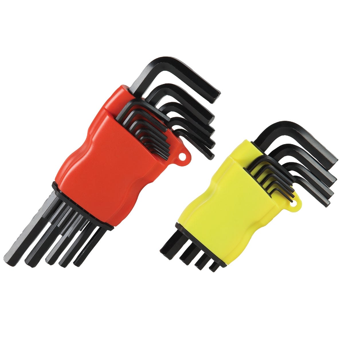 Set of black SAE and metric hex keys organized in red and yellow holders for tools and home improvement tasks