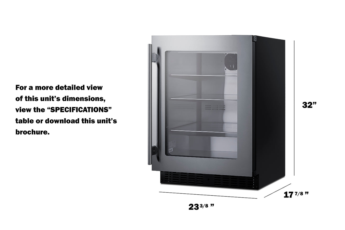 Compact beverage refrigerator with glass door, stainless steel frame, and adjustable shelves for kitchen and bar use.