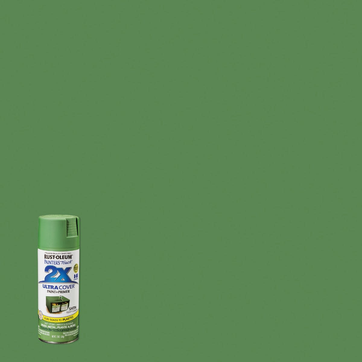 Rust-Oleum 2X Leafy Green satin spray paint can on green background in Spray Paint and Paint & Supplies collections