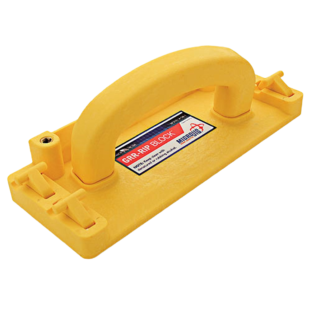 Yellow pushblock with ergonomic handle designed for safe and precise wood cutting in home improvement projects