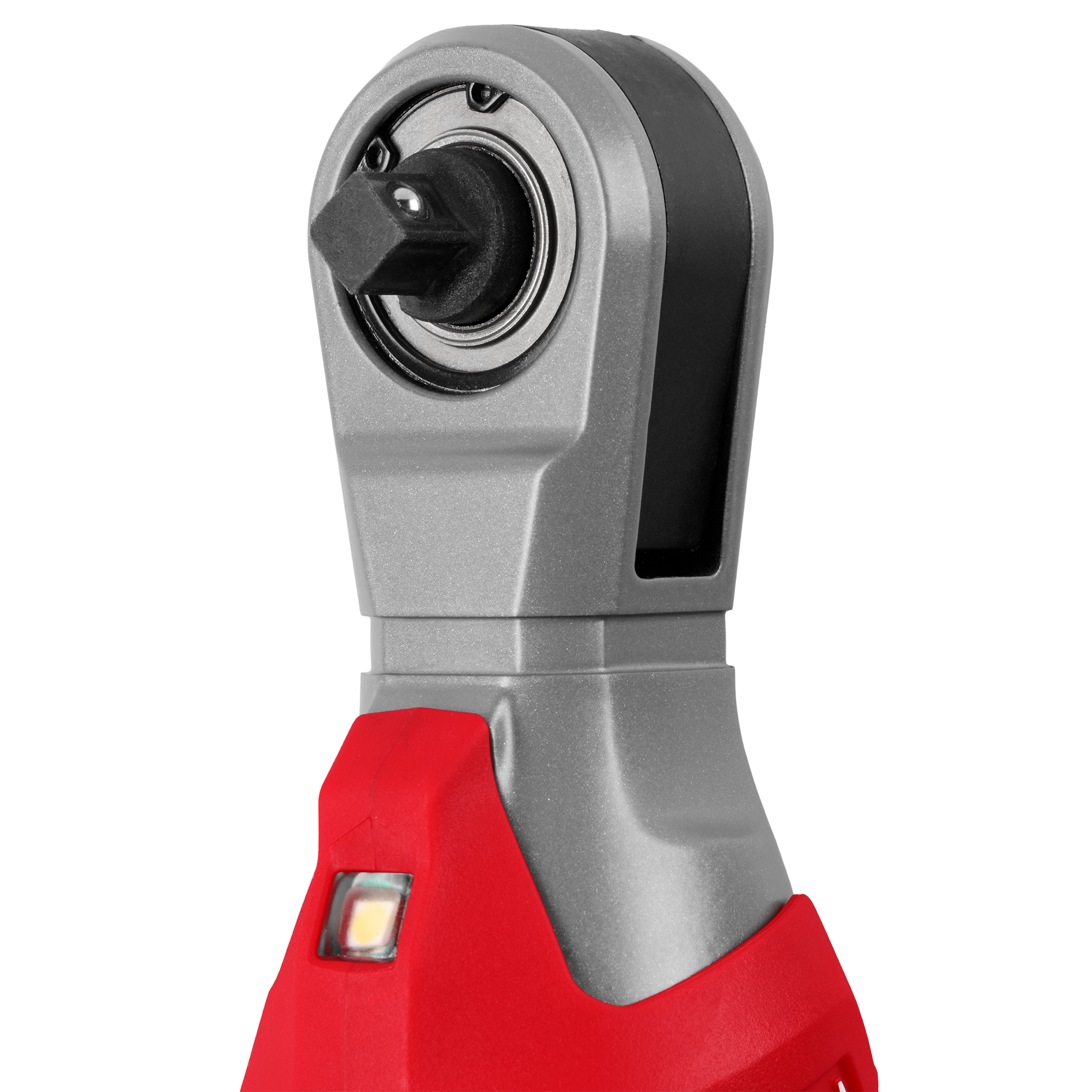 Close-up of cordless ratchet head with square drive and integrated LED light on red and gray body, designed for sockets, hand tools, and woodworking tools collections at Hartville Hardware.