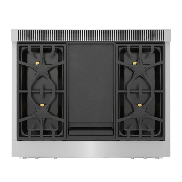 Top view of stainless steel gas range with patented pedestal star burners in Thermador kitchen appliances collection