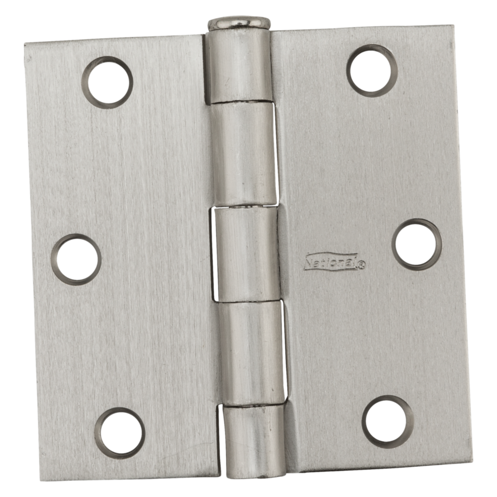 3-inch satin nickel door hinge with square edges and six mounting holes for door and hardware projects