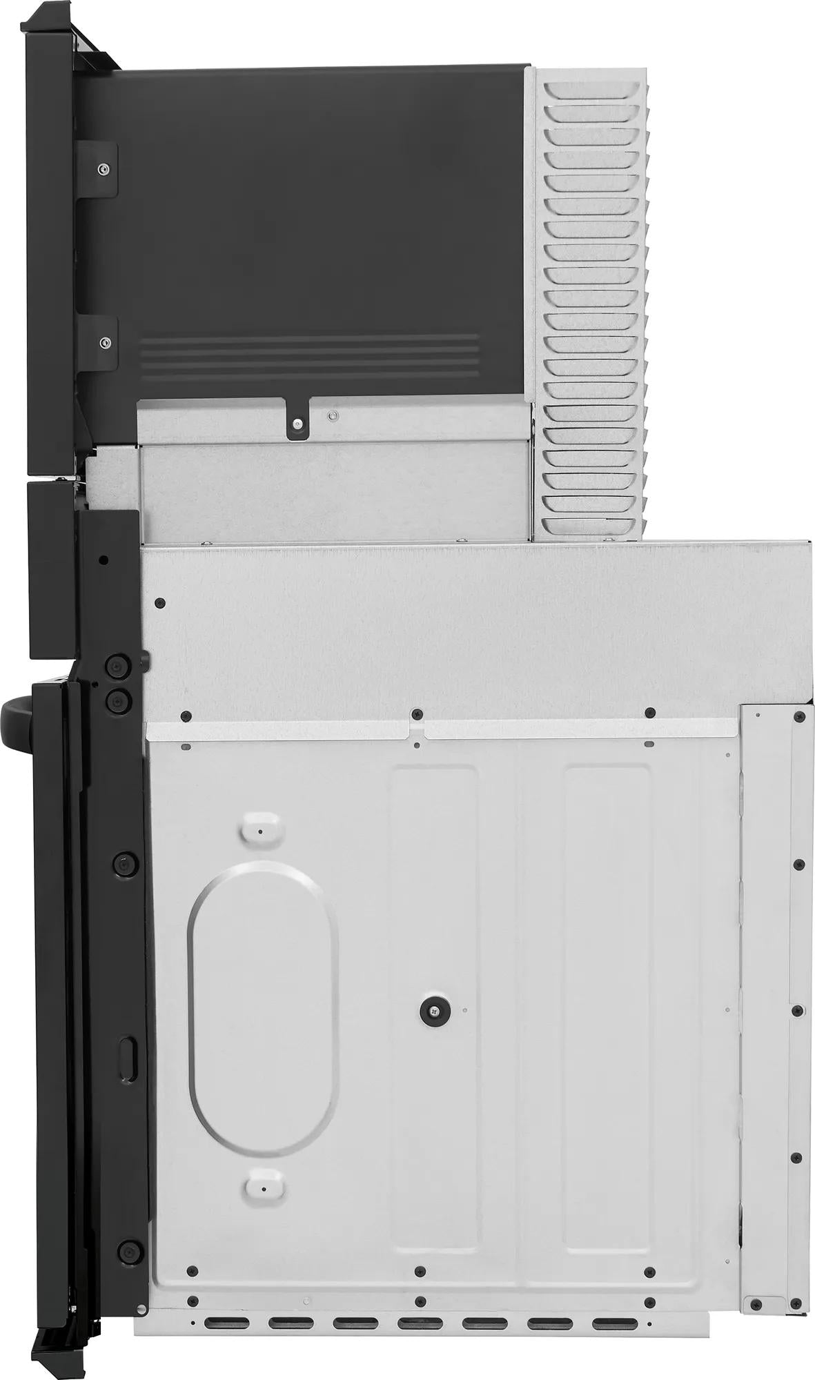Side view of a 27-inch electric wall oven and microwave combo unit with metal and black trim in appliances collection