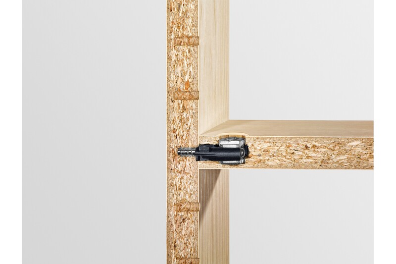 Black Festool corner connector joining two wooden panels for precise furniture and woodworking projects