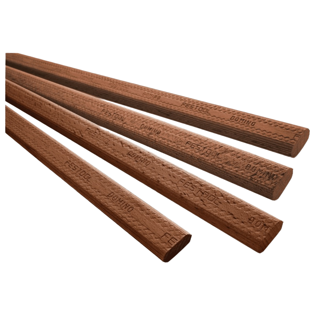 Set of four 10mm x 750mm Sipo wood tenon stocks for woodworking and Festool Domino joiner accessories collection