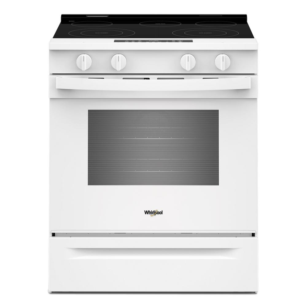 Front view of a white 30-inch electric range featuring control knobs and a glass oven door, suited for ranges and kitchenware collections.