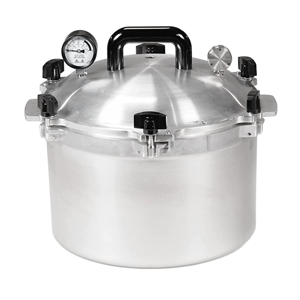 Large aluminum pressure canner with black handles and pressure gauge, designed for kitchenware and cooking collections